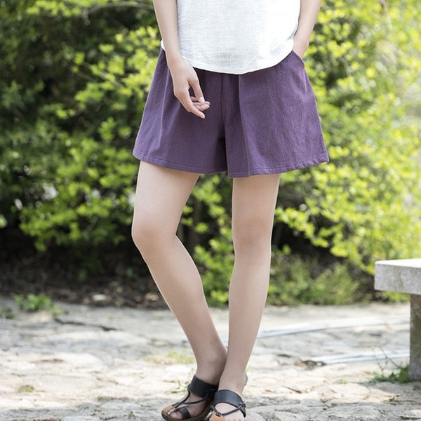 Cotton Linen Elastic waist Women Shorts Skirts Solid White Blue Loose Casual Summer Shorts.