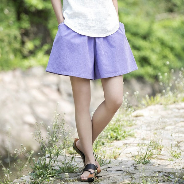 Cotton Linen Elastic waist Women Shorts Skirts Solid White Blue Loose Casual Summer Shorts.