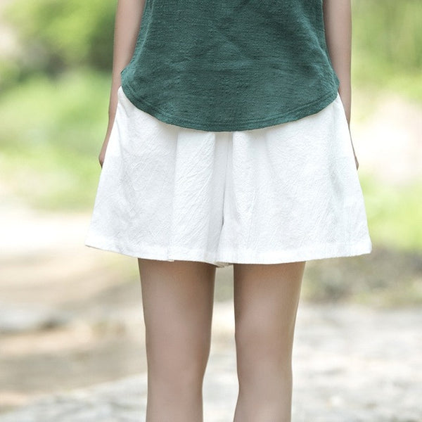 Cotton Linen Elastic waist Women Shorts Skirts Solid White Blue Loose Casual Summer Shorts.