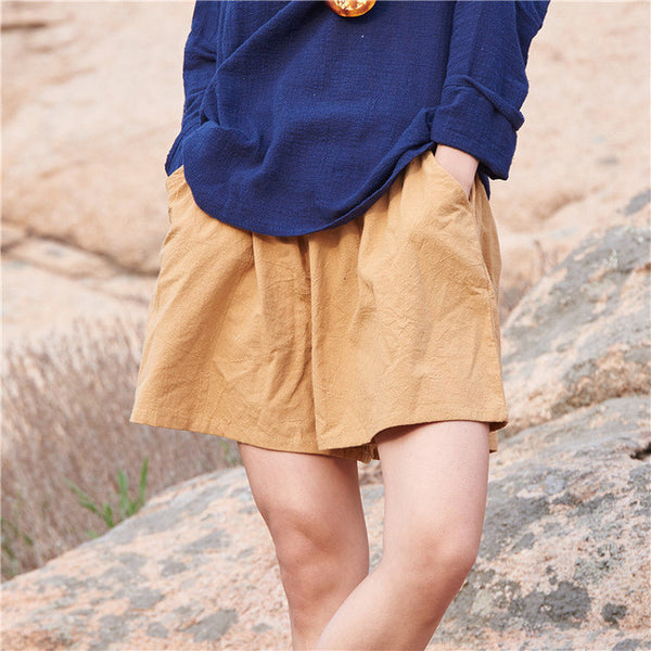 Cotton Linen Elastic waist Women Shorts Skirts Solid White Blue Loose Casual Summer Shorts.