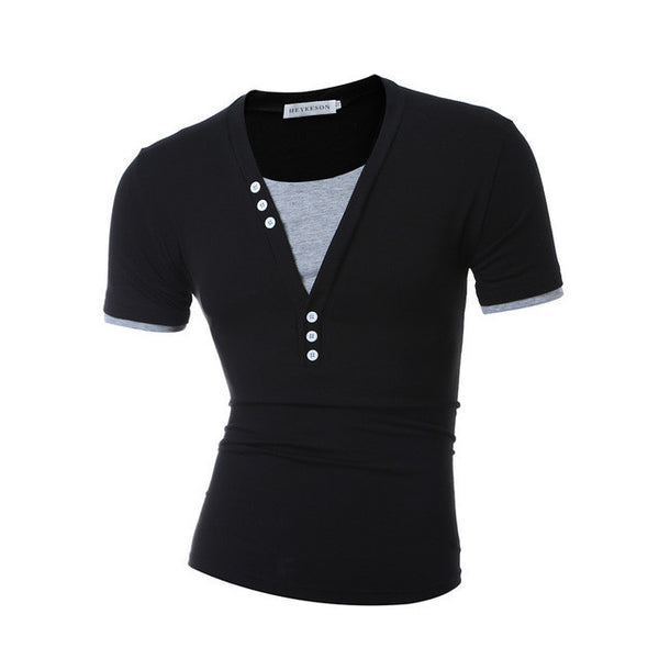 2017 Short Sleeve Fake Two T Shirt V-Neck Slim.