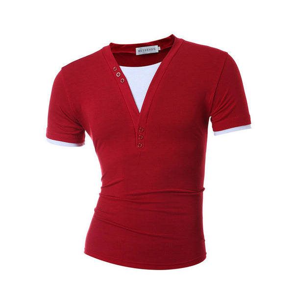 2017 Short Sleeve Fake Two T Shirt V-Neck Slim.