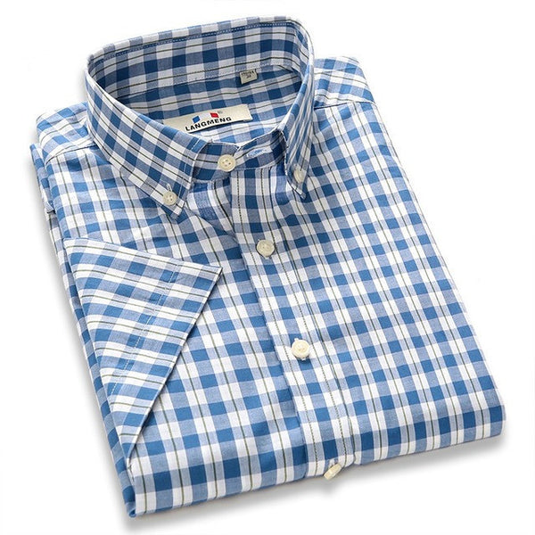 Summer 100% Cotton plaid Casual shirts Mens Dress Shirt men Short Sleeve.