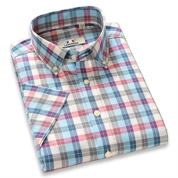 Summer 100% Cotton plaid Casual shirts Mens Dress Shirt men Short Sleeve.