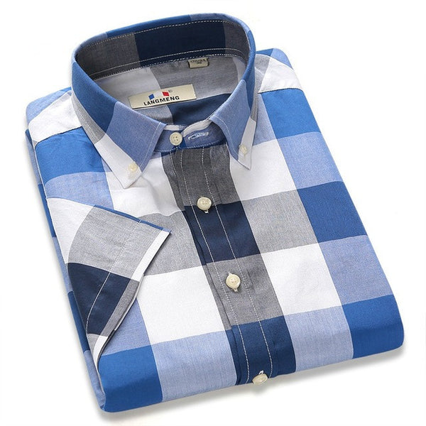 Summer 100% Cotton plaid Casual shirts Mens Dress Shirt men Short Sleeve.