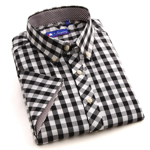 Summer 100% Cotton plaid Casual shirts Mens Dress Shirt men Short Sleeve.