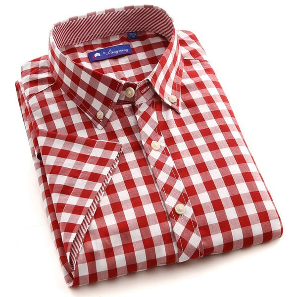 Summer 100% Cotton plaid Casual shirts Mens Dress Shirt men Short Sleeve.