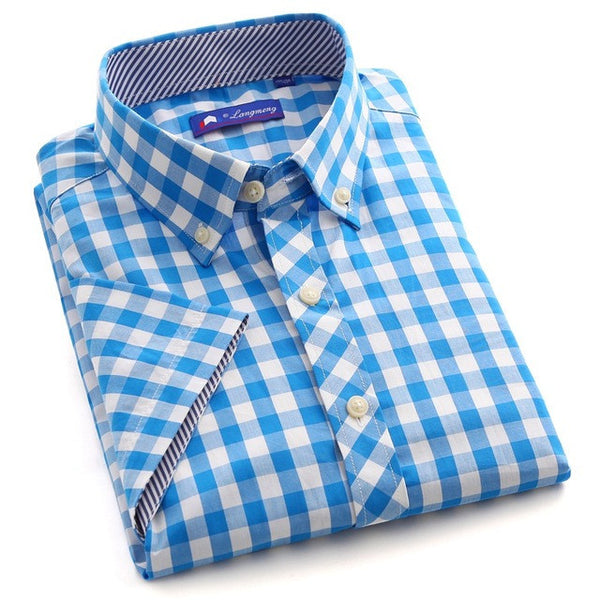 Summer 100% Cotton plaid Casual shirts Mens Dress Shirt men Short Sleeve.