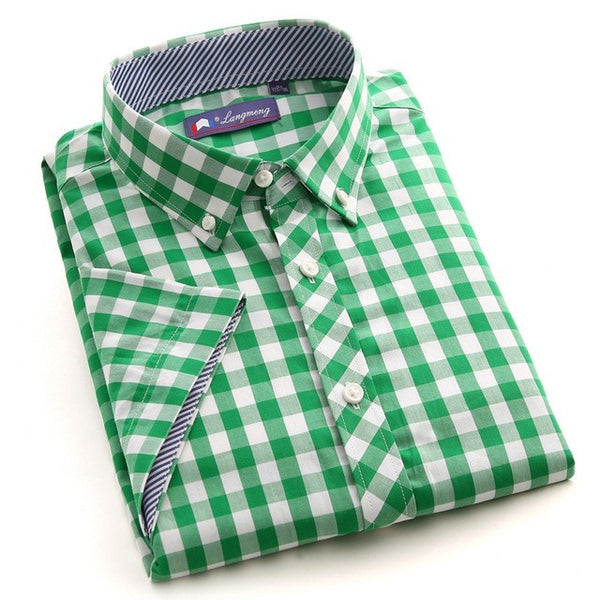 Summer 100% Cotton plaid Casual shirts Mens Dress Shirt men Short Sleeve.