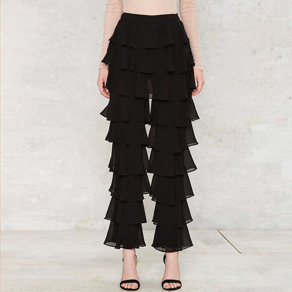 New Women Fashion Casual Loose Solid Black Ruffle Straigh Vintage Elegant  Mid-rise Long Flare  Pants.