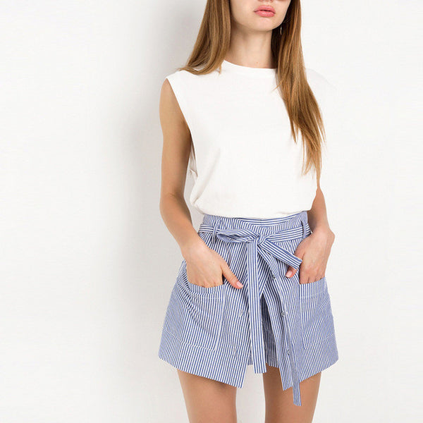 Stripe Women Streetwear Loose Casual Shorts Sexy Slim High Waist Button Culotte Lacing Bottom Cotton A-line Shorts