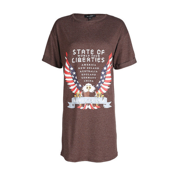 HDY Haoduoyi Fashion Print Basic Tops Women Short Sleeve Female Pullover Street Gray O-neck Casual Longline T-shirt