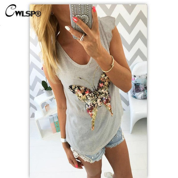 Fashion T shirt Women Bling Sequined 3D Butterfly V-Neck Petal Sleeve.