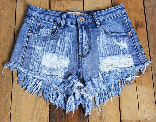 2017 Women's Fashion Brand Vintage Tassel Rivet Ripped Loose High Waisted Short Jeans.