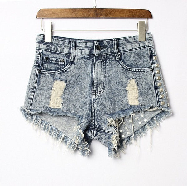 2017 Women's Fashion Brand Vintage Tassel Rivet Ripped Loose High Waisted Short Jeans.