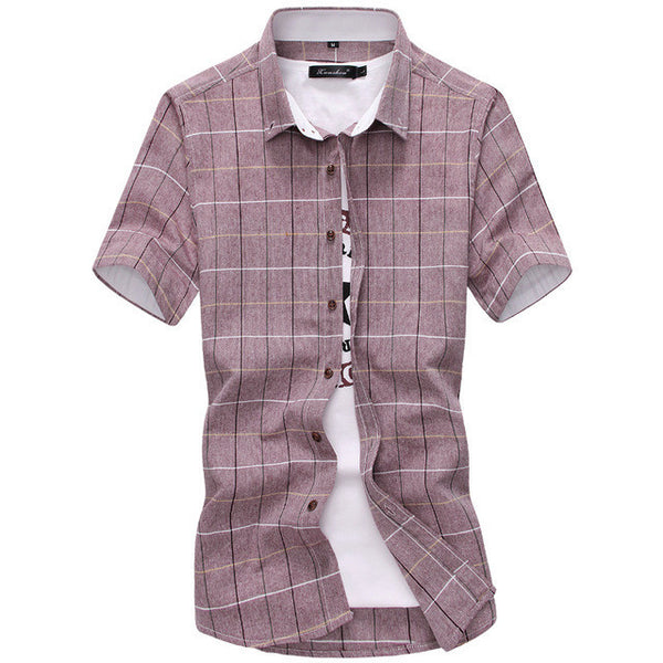 Red And Black Plaid Shirt Men Summer Casual Quality Dress Shirt Short Sleeve.