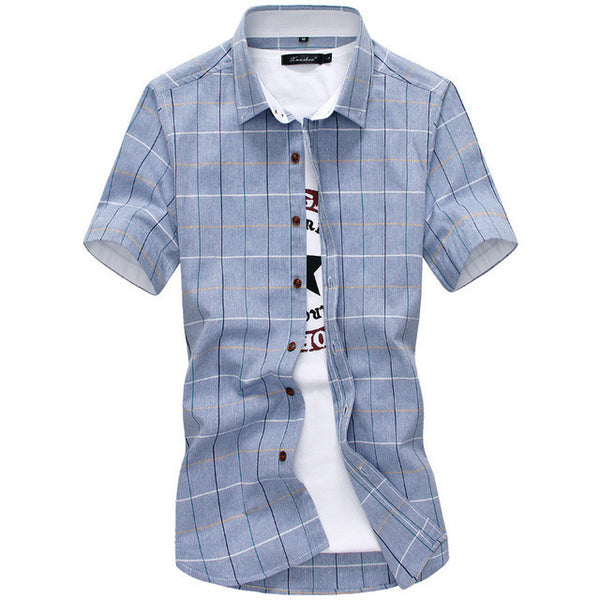 Red And Black Plaid Shirt Men Summer Casual Quality Dress Shirt Short Sleeve.
