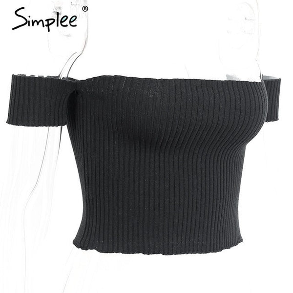 Sexy slash neck knitted top tees Women black short sleeve.