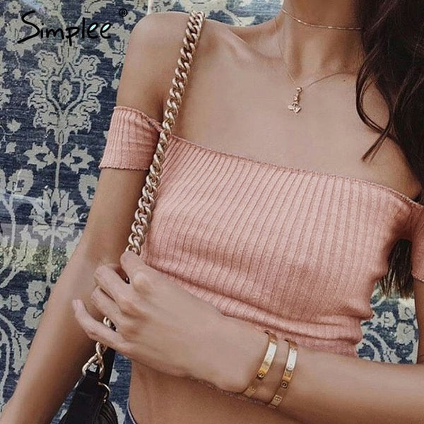 Sexy slash neck knitted top tees Women black short sleeve.