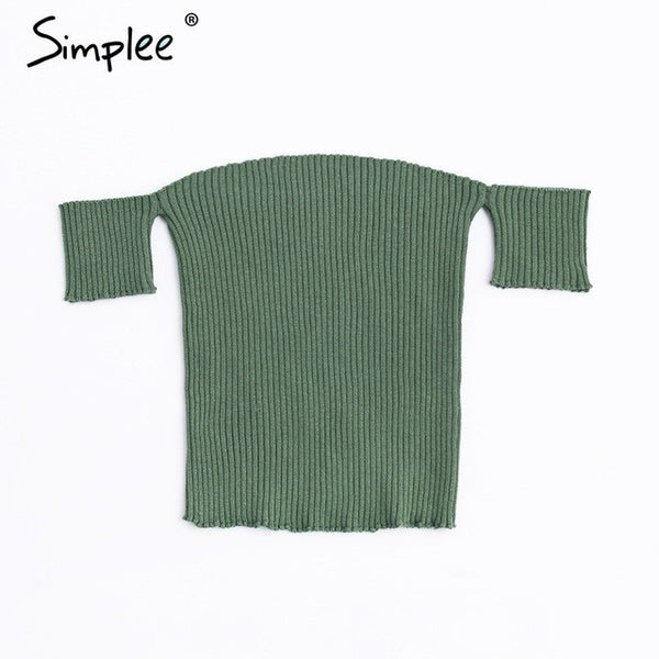 Sexy slash neck knitted top tees Women black short sleeve.