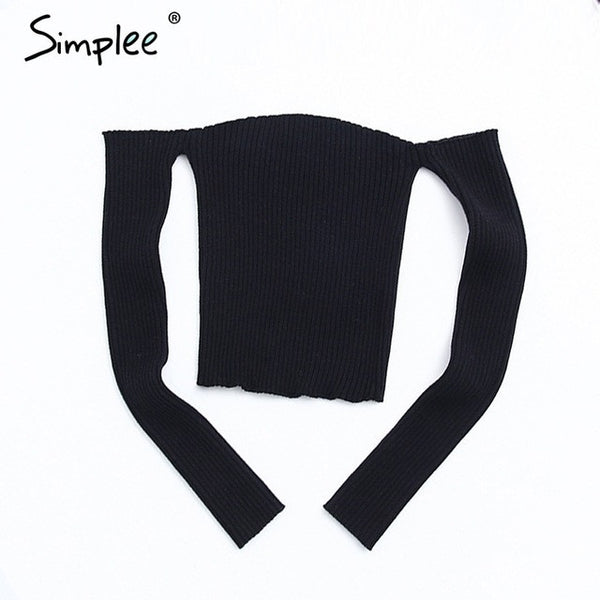 Sexy slash neck knitted top tees Women black short sleeve.