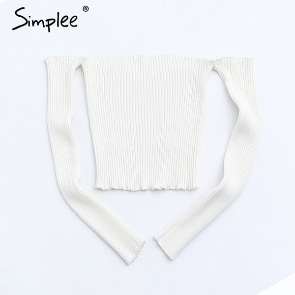 Sexy slash neck knitted top tees Women black short sleeve.