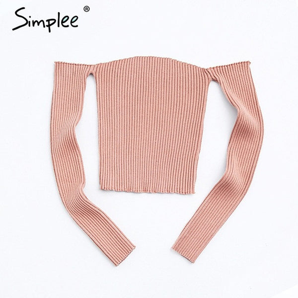 Sexy slash neck knitted top tees Women black short sleeve.