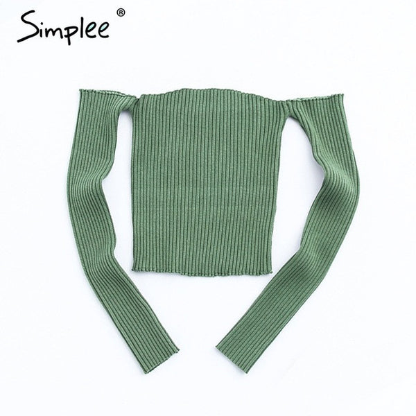 Sexy slash neck knitted top tees Women black short sleeve.