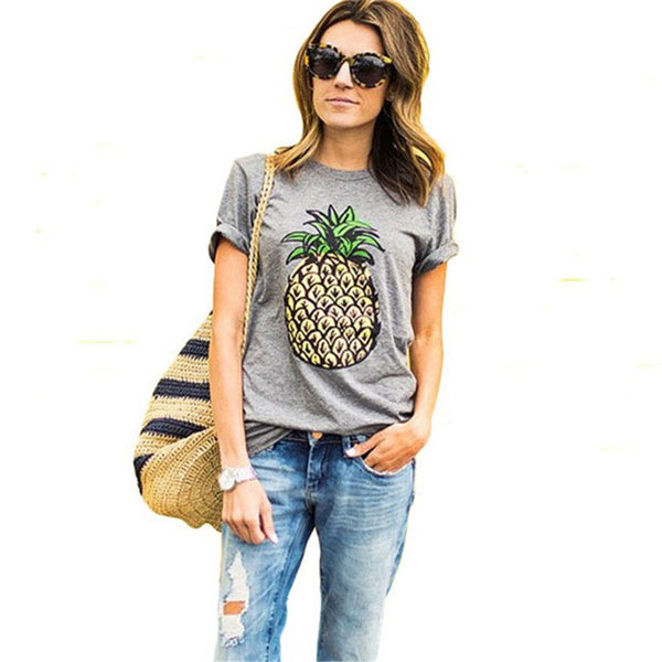 2017 New Fashion Pineapple Printed Gray Women T shirt.