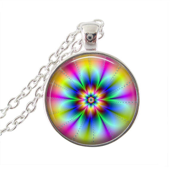Rainbow Daisy Flower, Colorful Blossom Jewelry Glass Cabochon Round Neckless