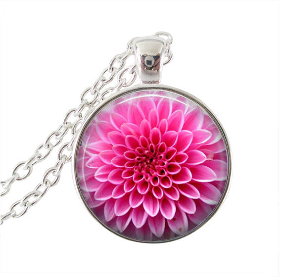 Rainbow Daisy Flower, Colorful Blossom Jewelry Glass Cabochon Round Neckless