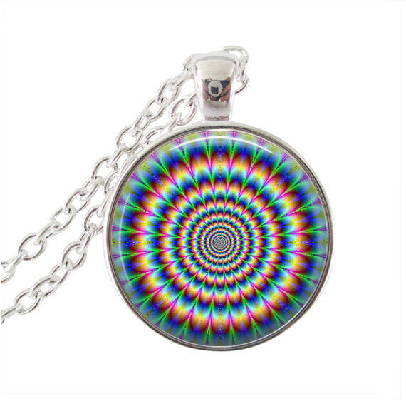 Rainbow Daisy Flower, Colorful Blossom Jewelry Glass Cabochon Round Neckless
