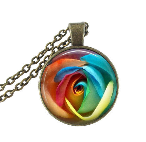 Rainbow Daisy Flower, Colorful Blossom Jewelry Glass Cabochon Round Neckless