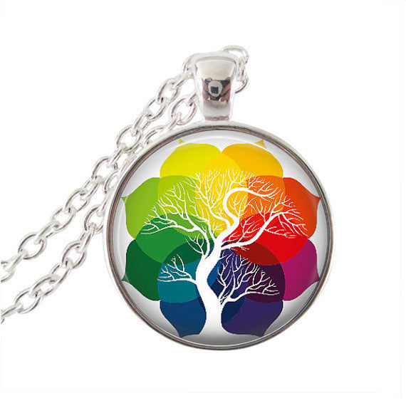 Rainbow Daisy Flower, Colorful Blossom Jewelry Glass Cabochon Round Neckless