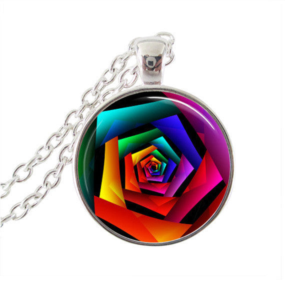 Rainbow Daisy Flower, Colorful Blossom Jewelry Glass Cabochon Round Neckless