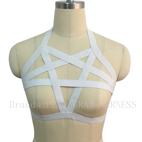 Pentagram Bralette Bondage Cage Harness Crop Top Lingerie White Elastic Garter Belts Gothic.