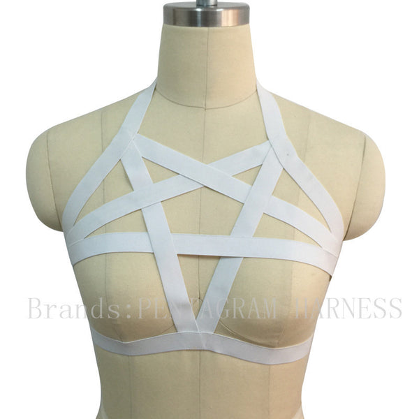 Pentagram Bralette Bondage Cage Harness Crop Top Lingerie White Elastic Garter Belts Gothic.