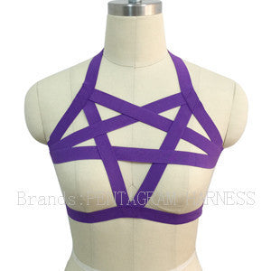 Pentagram Bralette Bondage Cage Harness Crop Top Lingerie White Elastic Garter Belts Gothic.