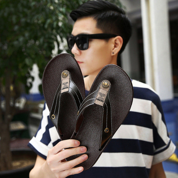 2017 Men's Flip Flops Genuine Leather Slippers Summer Fashion.