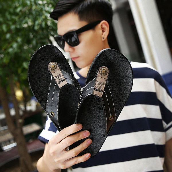 2017 Men's Flip Flops Genuine Leather Slippers Summer Fashion.