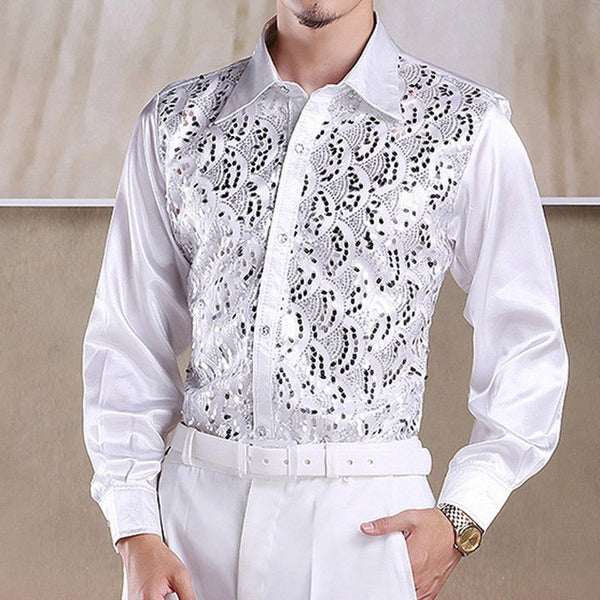 Best Selling Men Latin Dance Tops Long Sleeve Sequins Practice Performance Dancewear Singer Stage Dance Chorus Shirts