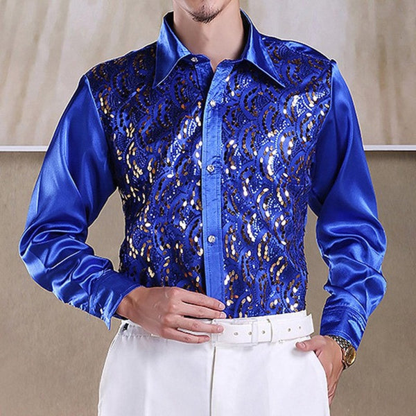 Best Selling Men Latin Dance Tops Long Sleeve Sequins Practice Performance Dancewear Singer Stage Dance Chorus Shirts