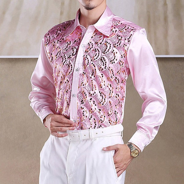 Best Selling Men Latin Dance Tops Long Sleeve Sequins Practice Performance Dancewear Singer Stage Dance Chorus Shirts