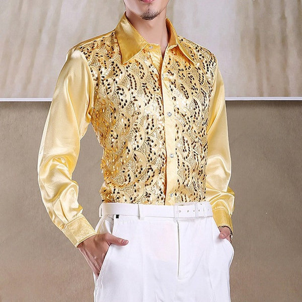 Best Selling Men Latin Dance Tops Long Sleeve Sequins Practice Performance Dancewear Singer Stage Dance Chorus Shirts