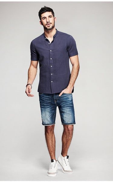 Man short sleeve linen shirts,male soild blue casual slim shirts 6177