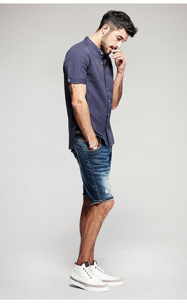 Man short sleeve linen shirts,male soild blue casual slim shirts 6177