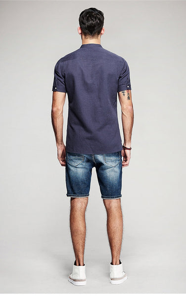 Man short sleeve linen shirts,male soild blue casual slim shirts 6177