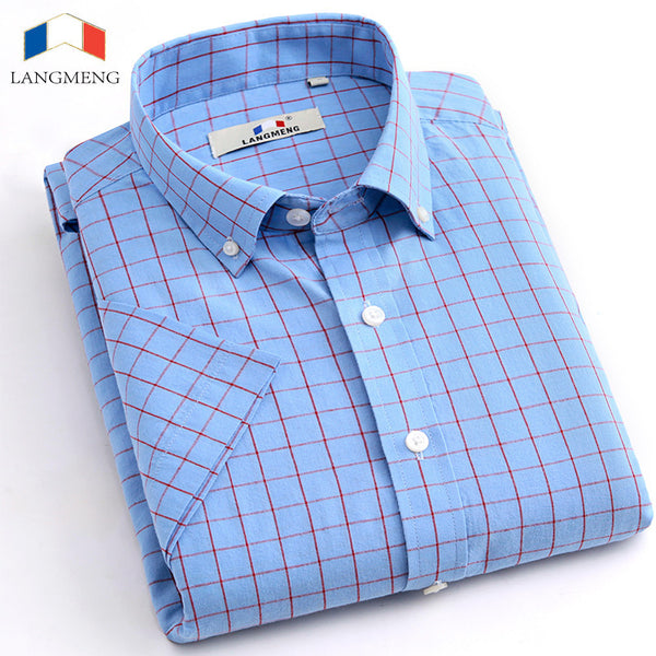 New Summer Cotton Casual Men Thin Strip Dress Shirt Men Short Sleeve.
