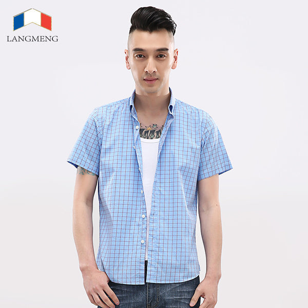 New Summer Cotton Casual Men Thin Strip Dress Shirt Men Short Sleeve.