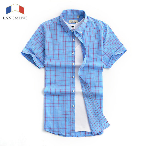 New Summer Cotton Casual Men Thin Strip Dress Shirt Men Short Sleeve.